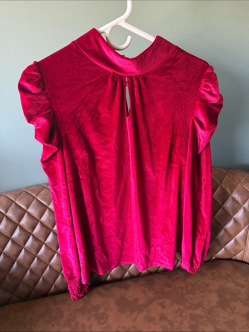 Red Velvet Ruffle-Sleeve Mock Neck Blouse
